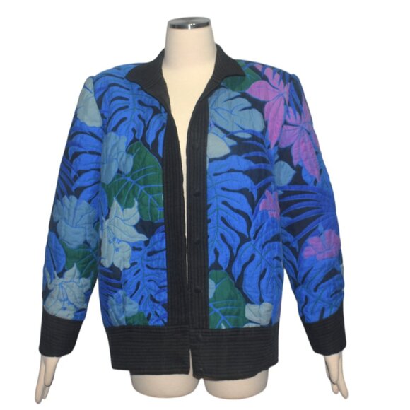 Vintage 80s Silk Quilted Jacket Cardigan Tropical Leaves Floral 14 L - Picture 4 of 9